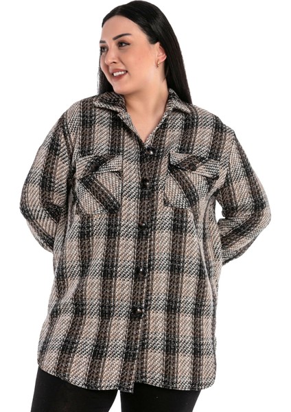 Büyük Beden Göğüsten Kapaklı Cepli Yanları Yırtmaçlı Ekose Vizon Ceket Gömlek