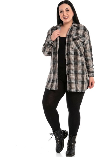 Büyük Beden Göğüsten Kapaklı Cepli Yanları Yırtmaçlı Ekose Vizon Ceket Gömlek fiyatları