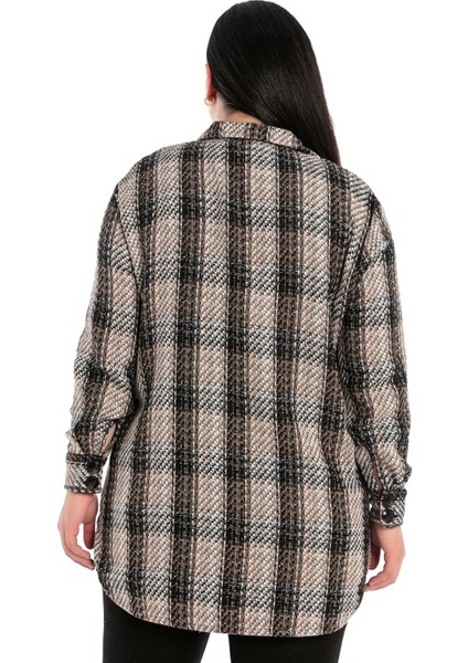 Büyük Beden Göğüsten Kapaklı Cepli Yanları Yırtmaçlı Ekose Vizon Ceket Gömlek modelleri