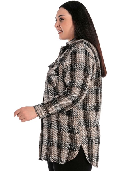 Büyük Beden Göğüsten Kapaklı Cepli Yanları Yırtmaçlı Ekose Vizon Ceket Gömlek fırsatları