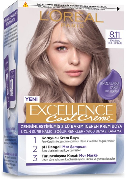 L'Oréal Paris Loreal Paris Excellence Cool Creme 8.11 Ekstra Küllü Sarı 96 ml Kategori: Saç Boyası