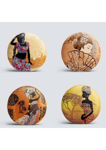 4'Lü Etnik Afrika Women Desenli Yuvarlak Yastık Kırlent Kılıf Seti