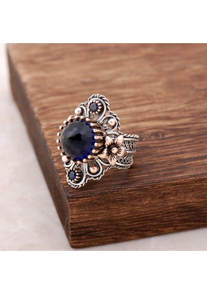 Safir Taşlı Telkari Işlemeli Gümüş Yüzük 2475