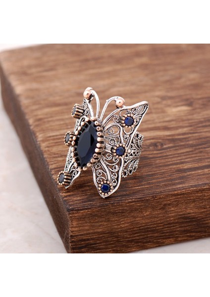 Safir Taşlı Telkari Işlemeli Kelebek Gümüş Yüzük 2498