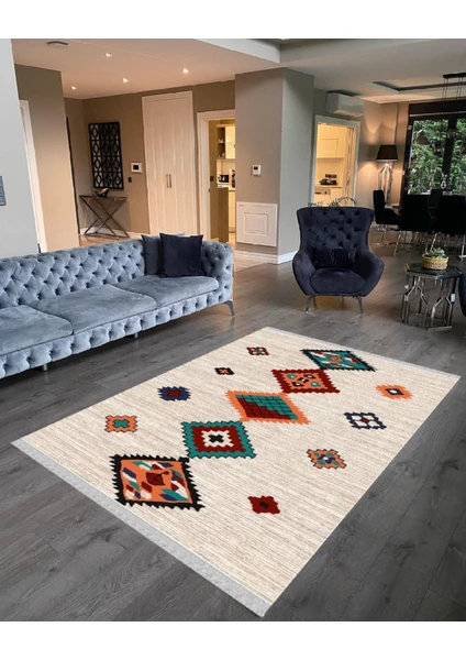 Nar Store Home Decoser 2044 Krem Otantik Şönil Desen Pamuk Tabanlı Kaymaz Yıkanabilir Halı Kilim