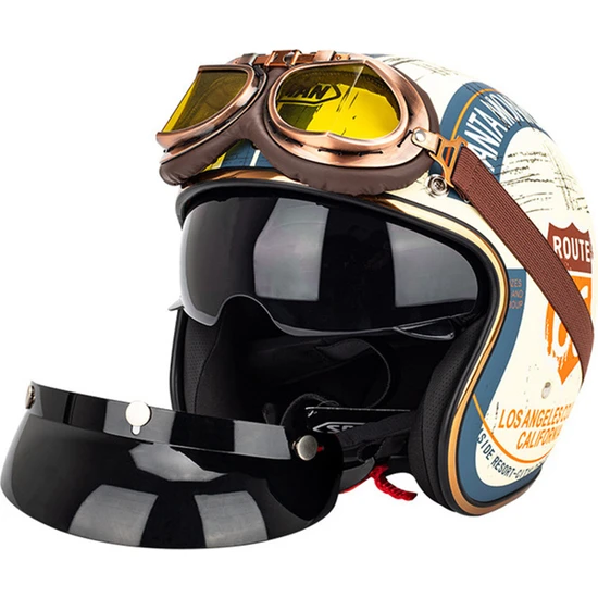 Dodo Family Unisex Retro Desenli Motosiklet Kaskı - Kahverengi (Yurt Dışından)