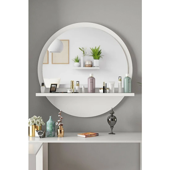 Nysamo Yuvarlak Beyaz Raflı 58CM Koridor Dresuar Konsol Duvar Salon Banyo Ofis Çocuk Yatak Oda Raflı Ayna 58 Raflı