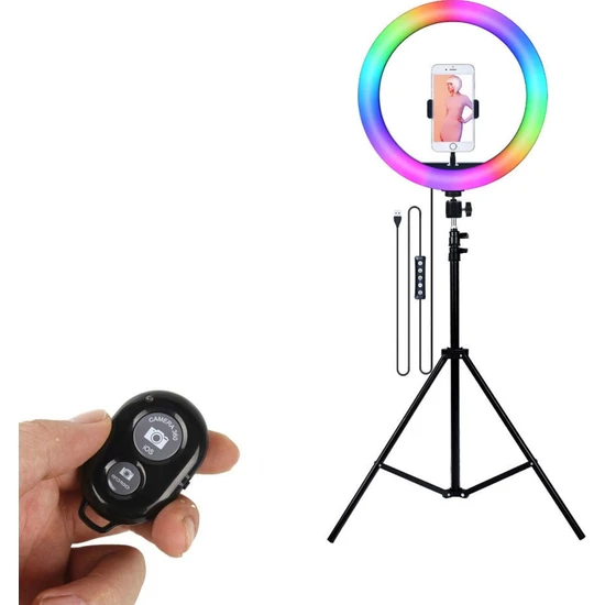 Asfal 33 cm Youtube Instagram Tiktok Selfie Rgb LED Halka Işık + 2.1 mt Tripod + Bluetooth Kumanda