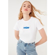 Mavi Miav Baskılı Beyaz Tişört