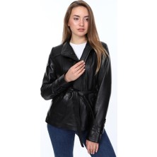 Derimont Deri Fabian Belden Bağlamalı Siyah Kadın Deri Ceket