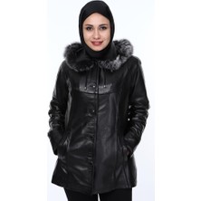 Derimont Deri Kieran Yakası Kürklü Siyah Deri Ceket