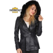 Derimont Deri Kadın Lacivert Kemerli Deri Mont