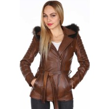 Derimont Deri Kadın Kapşonlu Kahverengi Deri Kaban