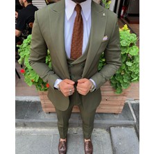 GlbFC Plus Erkek Dar Kesim Yelekli Takım Elbise- Haki