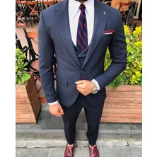 GlbFC Plus Erkek Dar Kesim Yelekli Takım Elbise- Lacivert