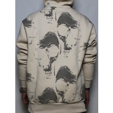 DeepArt Fashion Baskılı Kapşonlu Sweatshirt Bej