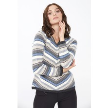 Desen Triko Kadın Çizgili V Yaka Kazak Koyu Füme