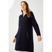 Desen Triko Kadın Kapşonlu Yün Kaban Koyu Lacivert