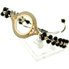 ŞEN Kemangözlü Sarı Dorikalı Siyah Kristalli Çeyrekli Makrome Bileklik