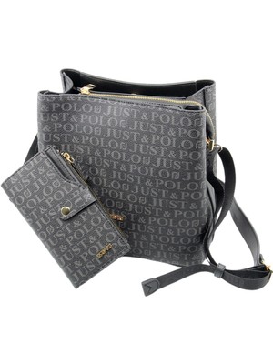 Just Polo Siyah Kadın Baskı Desenli Cüzdan ve Omuz Çantası  Kombin MDS2117-09