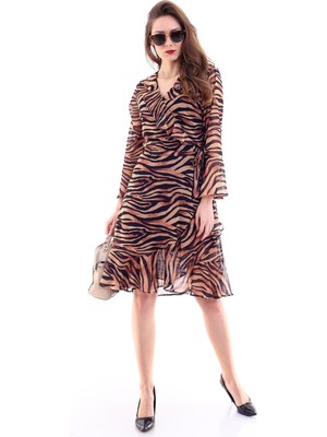 Keyifli Moda Kadın Leopar Fırfırlı Şifon Elbise