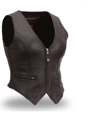 Deri Önü Fermuarlı Kadın Deri Yelek