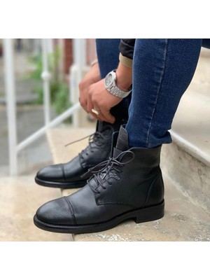 Gülbüz Erkek Kauçuk Taban Bağcıklı Deri Postal Bot - Siyah