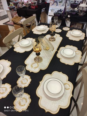 Dolce Mariee 13  Parça Amerikan Servis & Runner Set Desenli Gold Beyaz