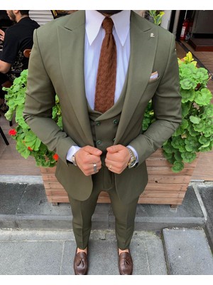 GlbFC Plus Erkek Dar Kesim Yelekli Takım Elbise- Haki