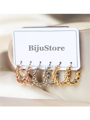 BijuStore Rose & Gümüş & Altın Rengi Kadın Üçlü Burgu Küpe