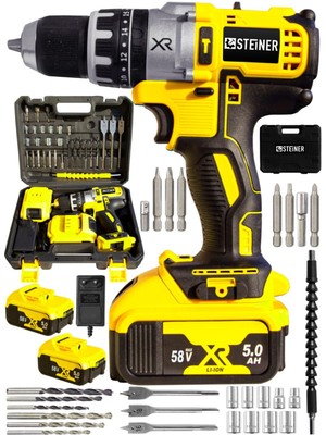 Steiner Germany Technology Darbeli 58 V 5AH Sarı Xr Li-Ion Çift Akülü Şarjlı Vidalama Matkap + Pro Set