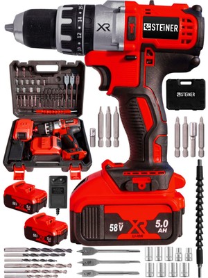 Steiner Germany Technology Darbeli 58 V 5 Ah Red Xr Li-Ion Çift Akülü Şarjlı Vidalama Matkap + Pro Set