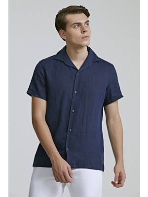 D'S Damat TWN Slim Fit Lacivert Düz Keten Gömlek 8EC02X203313D