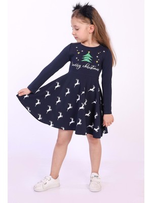 Toontoy Kids Toontoy Kız Çocuk Merry Chrıstmas Yazılı Geyik Baskılı Elbise