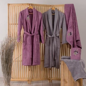Cotton Box Bambu 6 parça aile bornoz seti nakışlı violet mürdüm gri