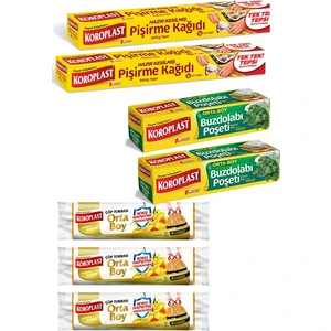 Orta Boy Buzdolabı Poşeti X2+Koroplast Hazır Kesim Pişirme Kağıdı X2+Vanilya Büzgülü Çöp Poşeti X3