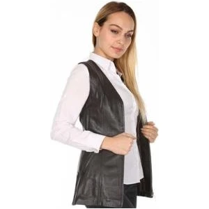 Deri Önü Fermuarlı Deri Yelek Siyah