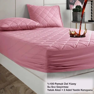 Pamukkale Alez Set Pembe % 100 Pamuk Kapitone Sıvı Geçirmez Alez ve Yastık Koruyucu Set