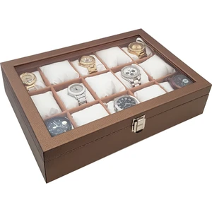 15 Li Diamond Deri Ahşap Camlı Saat Kutusu Bronz Renk T15-58