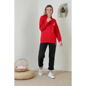Kırmızı Baskılı Kapüşonlu Sweatshirt