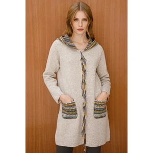 Desen Triko Kadın Önü Püsküllü Kapşonlu Uzun Kaban V.bej