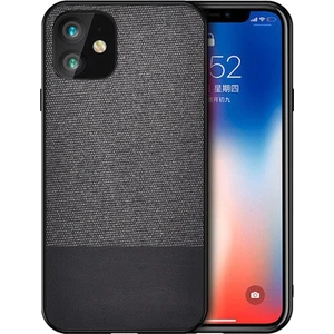 iPhone 12 Fabrik Serisi Kumaş ve Deri Desen Kılıf - Siyah