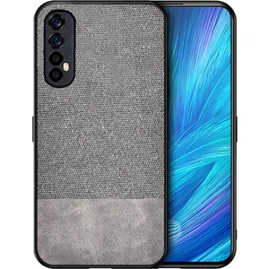 Realme 7 Fabrik Serisi Kumaş ve Deri Desen Kılıf - Gri