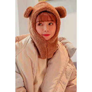 Wig Kadın Peluş Kahve Bere Kar Maskesi Boyunluk Termal Welsoft Ayıcık Polar Atkı Rüzgar Geçirmez