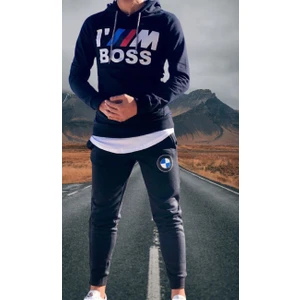 Amor Man Bmw Göğüs Baskılı Kapüşonlu Dar Kesim Pamuk Dokuma Kışlık Yeni Trend Outdoor Erkek Eşofman Takımı