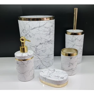Akrilik Yapım Gold Çizgi Siyah Mermer Desen Soft Banyo Takımı 5'li Yuvarlak Banyo Seti Beyaz