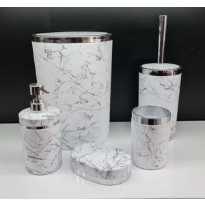 Akrilik Yapım Gümüş Çizgi Siyah Mermer Desen Soft Banyo Takımı 5'li Yuvarlak Banyo Seti Beyaz