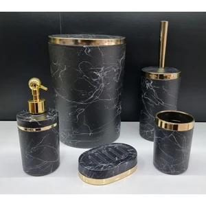 Akrilik Yapım Gold Çizgi Siyah Mermer Desen Soft Banyo Takımı 5'li Yuvarlak Banyo Seti Siyah