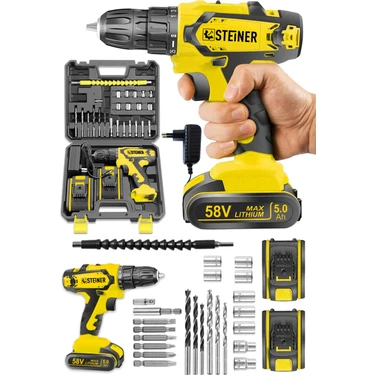 Steiner Germany Technology Kupfer Darbeli 58 V 5 Ah Çift Akülü Vidalama Matkap Sarı + 24 Parça