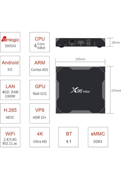 Set Üstü Kutu X96 Max Plus Amlogic S905X3 Wifi 1000M 4K 4GB/32GB (Yurt Dışından)